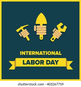 May 1st. Labor Day background. Poster, greeting card or brochure template with colorful rays and stars. Vector illustration.