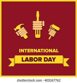 May 1st. Labor Day background. Poster, greeting card or brochure template with colorful rays and stars. Vector illustration.