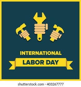 May 1st. Labor Day background. Poster, greeting card or brochure template with colorful rays and stars. Vector illustration.