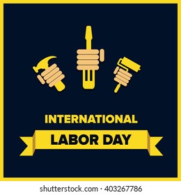 May 1st. Labor Day background. Poster, greeting card or brochure template with colorful rays and stars. Vector illustration.