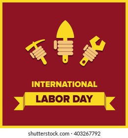 May 1st. Labor Day background. Poster, greeting card or brochure template with colorful rays and stars. Vector illustration.