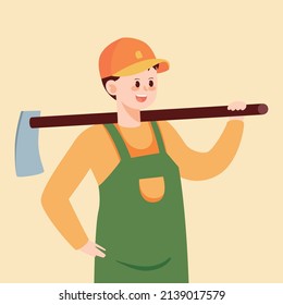 May 1st labor day, farmer carrying a hoe to work in the farmland, vector illustration