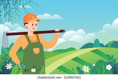 May 1st labor day, farmer carrying a hoe to work in the farmland, vector illustration