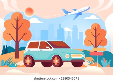 May 1st labor day holiday a family drives out to travel, with city buildings and mountains in the background, vector illustration