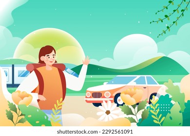 May 1st labor day, holiday characters traveling by train, with mountains and city in the background, vector illustration