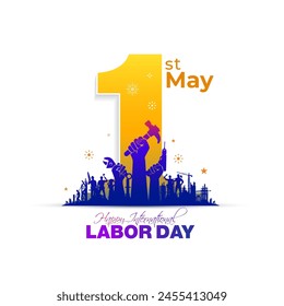 Der 1. Mai, der Tag der Arbeit oder die Feier zum Tag der Arbeit. Happy International Labor Day Text mit Industriearbeitern.