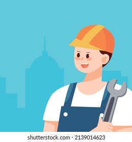 May 1st labor day, tribute to construction workers, city background behind, vector illustration