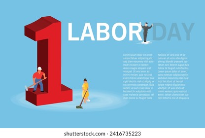 May 1st , workers day.number one in big and 3d with different workers around the one and the text.space for copyspace and all this on a background in blue tone.