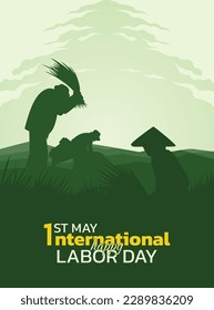 1. Mai World Labour Day Design Vektor Illustration mit Farm Arbeiter Silhouette Hintergrund.