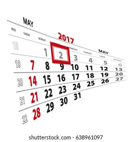 May 2, highlighted on 2017 calendar. Vector Illustration.