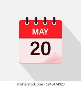 20 de mayo, icono del calendario con sombra. Día, mes. Ilustración vectorial plana.