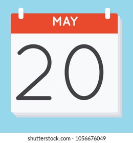 May 20. Calendar icon. Vector illustration in flat design isolated in blue background. Date and time, day, month.