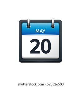 May 20. Calendar icon.Vector illustration,flat style.Month and date.Sunday,Monday,Tuesday,Wednesday,Thursday,Friday,Saturday.Week,weekend,red letter day. 2017,2018 year.Holidays.