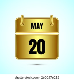 May 20 calendar and time planner on gold background. Daily calendar icon, schedule symbol