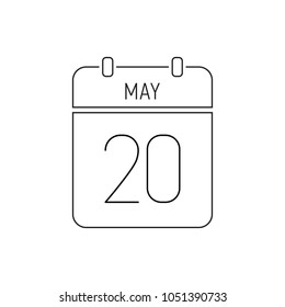 May 20 thin line calendar icon reminder. Holiday, wedding date, birthday. Outline sign. World Metrology Day. Traumatologist