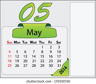 May 2014 calendar with green labels and free space. Abstract editable isolated Sunday start calendar vector design. 