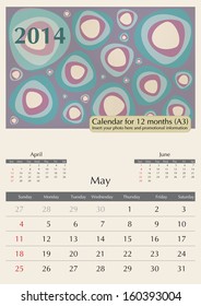 May. 2014 Calendar. Optima fonts used. A3