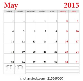 May 2015 -planning calendar. Weeks start on Monday.