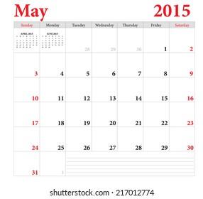 May 2015 -planning calendar. Weeks start on Sunday.