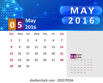 May 2016 Calendar, Abstract  Dotted Blue Globe 2016 Calendar, 2016 Calendar Vector Design. Vector Illustration.