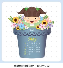 May / 2016 Calendar / Cute little girl and a pot of beautiful spring flowers / Spring vector illustration.