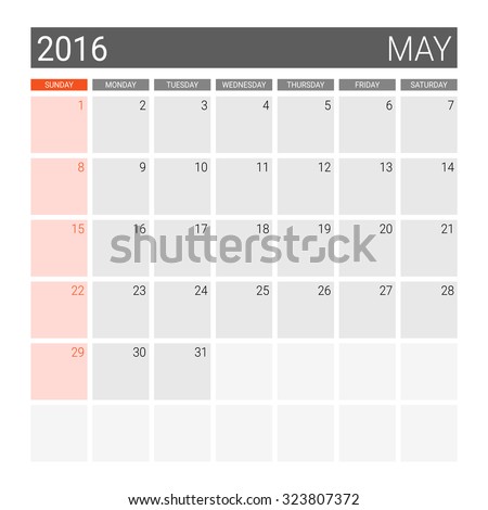 May 2016 calendar (or desk planner), weeks start from Sunday