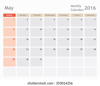 May 2016 calendar planner, monthly calender, vector illustrator