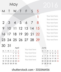 May 2016 Calendar - week starts with Monday, vector illustration.
