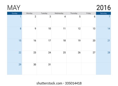 May 2016 calendar, weeks start from Sunday