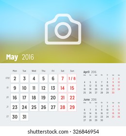 May 2016. Desk Calendar for 2016 Year. Vector Design Print Template with Place for Photo. Week Starts Monday. Calendar Grid with Week Numbers