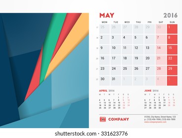 May 2016. Desk Calendar for 2016 Year. Vector Stationery Design Template with Material Design Abstract Background, Company Logo and Contact Information. Week Starts Monday