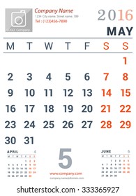 May 2016. Desk and Wall Monthly Calendar for 2016 Year. Vector Design Print Template with Place for Photo logo and description company. Week Starts Monday. Portrait Orientation