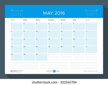 May 2016. Monthly Calendar Planner for 2016 Year. Vector Design Print Template. Week Starts Sunday