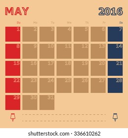 May 2016 monthly calendar template, Vector Illustration