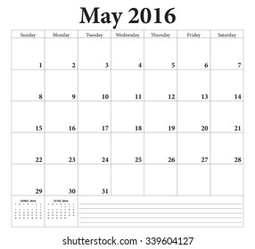May 2016 -planning calendar. Weeks start on Sunday.