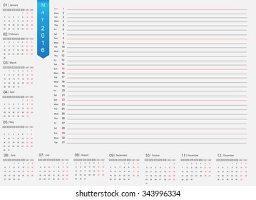 May 2016 planning calendar.Vector illustration.