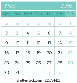May 2016. Simple european calendar for 2016 year one month grid. Vector illustration.