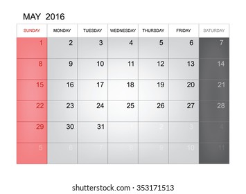 May 2016 - Vector calendar template design for planning. Week start from Sunday.