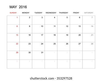 May 2016 - Vector calendar template design for planning. Week start from Sunday.