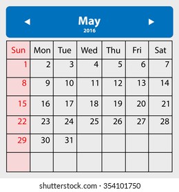May 2016 - Vector calendar template design for planning. Week start from Sunday.