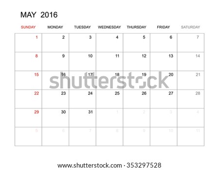 May 2016 - Vector calendar template design for planning. Week start from Sunday.