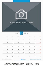 May 2016. Wall Monthly Calendar for 2016 Year. Vector Design Print Template with Place for Photo. Week Starts Monday. Portrait Orientation