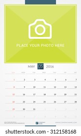 May 2016. Wall Monthly Calendar for 2016 Year. Vector Design Print Template with Place for Photo. Week Starts Sunday. Portrait Orientation