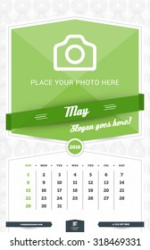 May 2016. Wall Monthly Calendar for 2016 Year. Vector Design Print Template with Place for Photo and Pattern Background. Week Starts Sunday