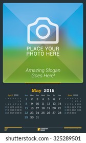 May 2016. Wall Monthly Calendar for 2016 Year. Vector Design Print Template with Place for Photo. Dark Background. Week Starts Sunday. 3 Months on Page