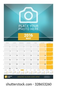 May 2016. Wall Monthly Calendar for 2016 Year. Vector Design Print Template with Place for Photo and Year Calendar. Week Starts Monday