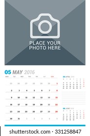 May 2016. Wall Monthly Calendar for 2016 Year. Vector Design Print Template with Place for Photo and Place for Notes. 3 Months on Page. Week Starts Monday