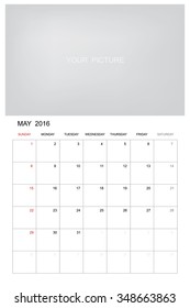 May 2016 - Wall monthly calendar for 2016 year. Vector template design with area for your picture or graphic design. Week starts from Sunday.