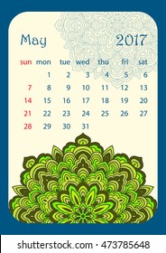 May 2017 Calendar decorated with circular flower mandala. Vector illustration