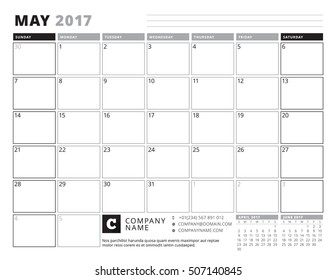 May 2017. Calendar Planner for 2017 Year. Week Starts Sunday. Black and White Color Theme. Stationery Design